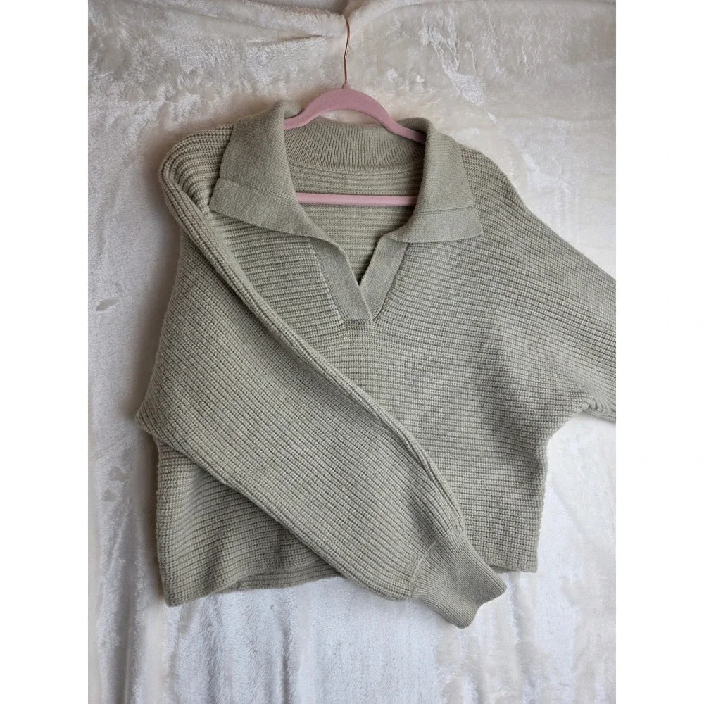 Collared Knit Sweater Pullover Long Sleeve Casual Top Khaki‎ Size S
